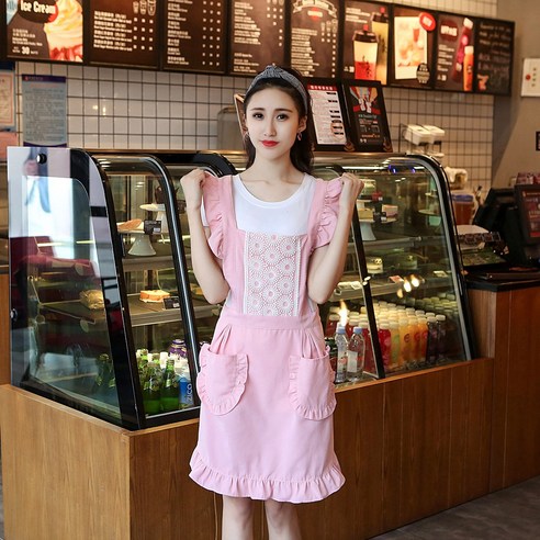 DFMEI 패션 앞치마 주방 요리 홑겹 가정용 허리싸개 여성 카페 홑겹앞치마, 도트 올오버 베이지