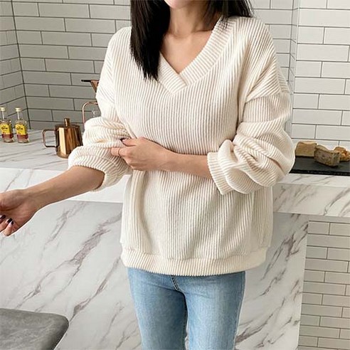 데일로엔 여성용 겹 골지 기모 브이넥 긴팔 티셔츠
