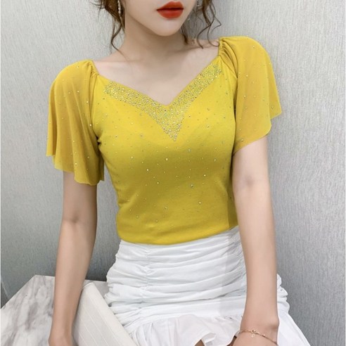 쉬폰 비즈 여성 라인댄스복 상의 티셔츠, 옐로우