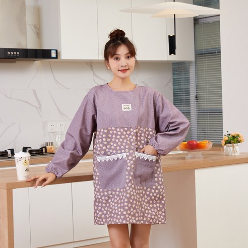 DFMEI 가운주방가 취사 허리둘레 이중방수 패션녀, 꽃토끼가 자줏빛을 입다.