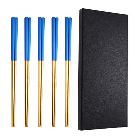 [다나에]304스테인레스 스틸 젓가락 가정용 젓가락 미끄럼 방지, 블루 골드-다섯 쌍-선물 상자