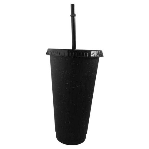 재사용 가능한 플라스틱 물병 밀짚 컵 간단한 플래시 분말 컵 실내 쇼핑 캠핑을위한 뚜껑과 밀짚이있는, 블랙 710ml, 다중, PP폴리프로필렌