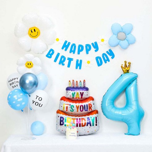 [피앤비유니티] 캐릭터무광데이지 생일케익풍선세트 스탠드형, 06-04)무광데이지생일풍선세트 4 블루, 1세트