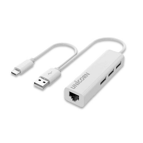 유니콘 USB C + A 타입 겸용 유선랜카드 USB 3포트 허브 ULAN-300CA, 화이트