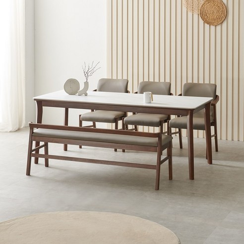 라로퍼니처 위니 1900 포세린 통 세라믹 6인 고무나무 원목 식탁 세트, 화이트, 식탁+의자3+벤치1