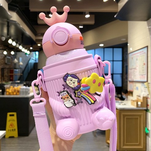 ZZJJC 캐릭터 텀블러 여고 비주얼 아이디어 소변 휴대 빨대 텀블러 홀컵, 바이올렛 500ml 송치 브러쉬1, 상규격