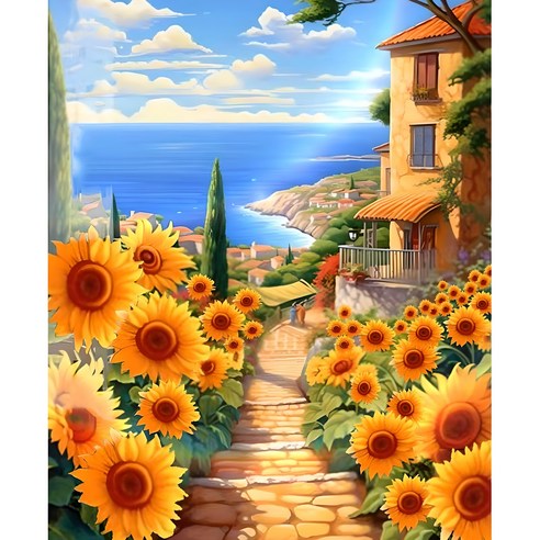 보석십자수 액자 캔버스형 50 x 40 cm DIY 풍수 해바라기 금전수 사과 엠제이에스, 1개, Y31 해바라기랑 바다