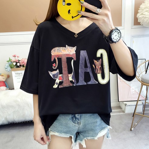 100169C 여성 브이넥 CAT 레터링 루즈핏 반팔티 여성반팔티셔츠 Best Top5 100169C 여성 브이넥 CAT 레터링 루즈핏 반팔티 여성반팔티셔츠 Best Top5