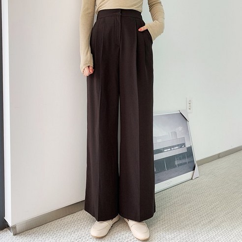 티데일리 티알 핀턱 롱 와이드 슬랙스 여성용 뒷밴딩 바지