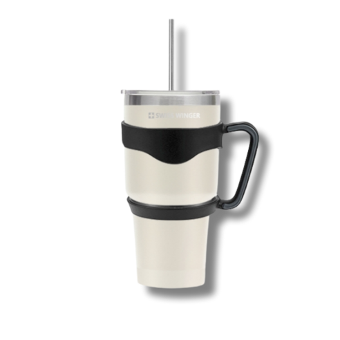 900ml 대용량 텀블러 손잡이 뚜껑 스트로우 세척솔 진공 보온 보냉 컵, 크림