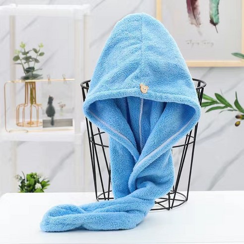 두껍다 촘촘하다 산호 벨벳 마른 머리 모자 흡수 목욕 모자 가방 사이드 마른 머리 수건 속건 가을 겨울 스타일 가방 두건, 마른머리모자25x65cm, (곰 단추) 싱글 레이어드 블루