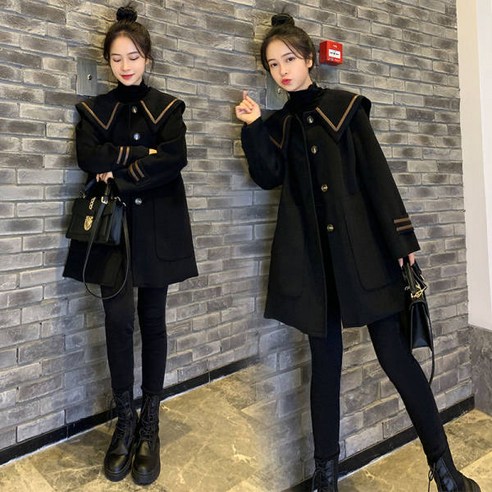 네이비 칼라 코트 중간 길이 새로운 한국어 스타일 대학 스타일 작은 싱글 A 라인 모직 코트