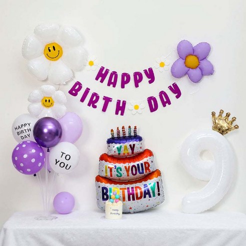 [피앤비유니티] 캐릭터무광데이지 생일케익풍선세트 스탠드형, 08-09)무광데이지생일풍선세트 9 보라, 1세트