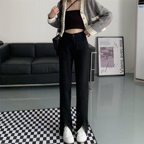 DFMEI 블랙 슬릿 청바지 여성의 봄 새로운 높은 허리 디자인 와이드 레그 바지 걸레 스트레이트 바지