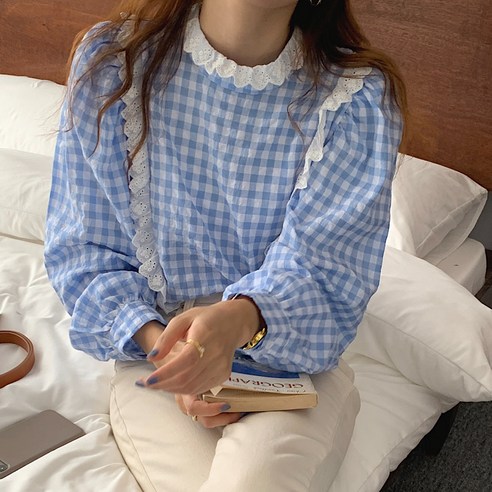 진짜 달콤한 블루 격자 무늬 귀 레이스 격자 무늬 셔츠 너무 달콤한 ~