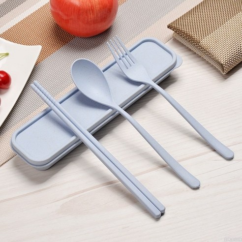 밀짚 식기 여행 휴대용 식기 상자 대형 3 피스 식기 식기 상자는 고정 될 수 있습니다logo, 북유럽 블루