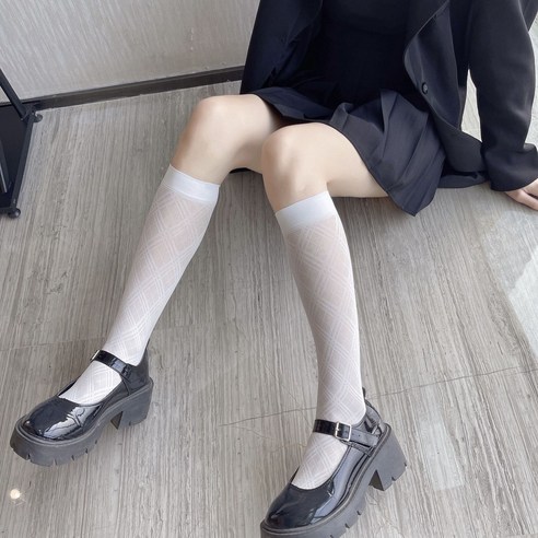KORELAN 일단 검은색 다크 문양 마름모꼴 격자 무릎 아래 스타킹 JK 아카데미 바람통 종아리 격자 자카드 흰색 짧은 양말