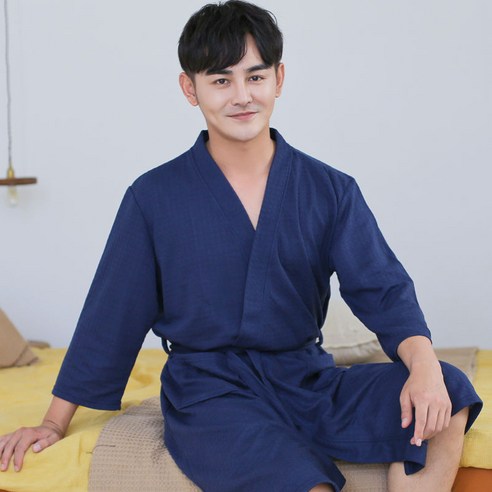 DFMEI-Y 목욕 가운 여성 긴 호텔 타올 흡수성 빠른 건조 커플 다섯 스타 목욕 가운 잠옷 남자 홈 착용, DFMEI 자른 소매 와플 진한 파란색 남성, L130-150 진