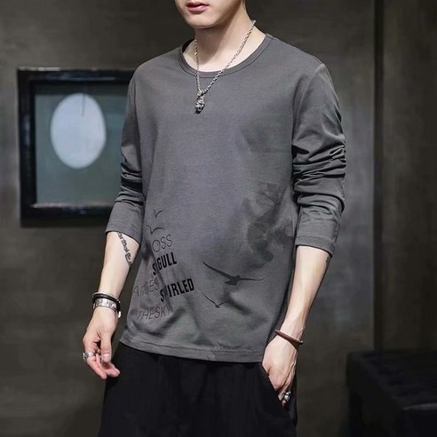 한국식 긴팔 티셔츠 남성용 라운드 넥 트렌드 얇은 탑