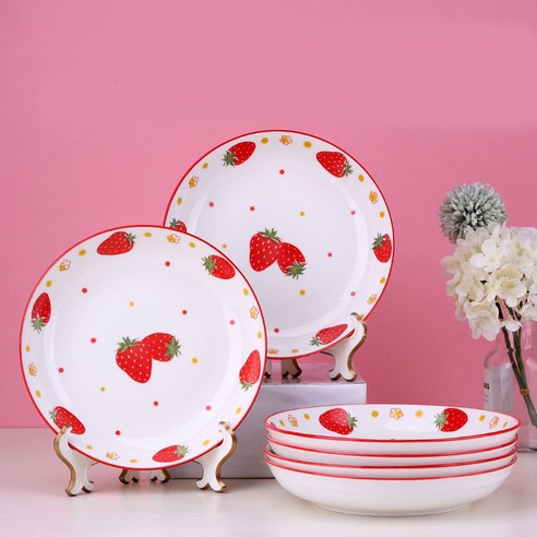 6개 접시 예쁜 접시 요리 접시 딸기 패턴 가정용품 도자기 식기 아침 접시 지름 18cm 지름 20cm 전자레인지에서 사용할 수 있어요 식기세척기에서 사용할 수 있어요, 18*3.4cm(6개)