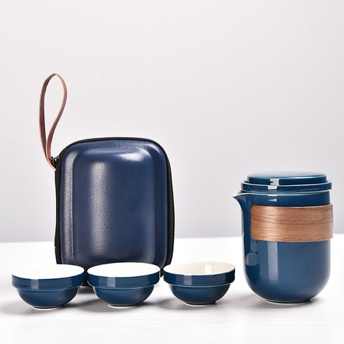 세라믹 한 냄비 컵 빠른 컵 차 세트 손 동반자 휴대용 간단한 세라믹 차 세트, 퀵 컵-블루 세라믹 찻주전자