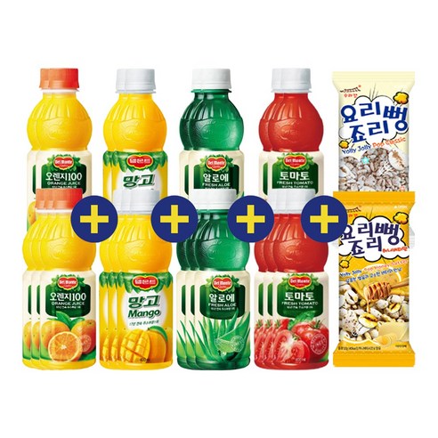 롯데델몬트 오렌지 400ml 5페트+망고 400ml 5페트+알로에 400ml 5페트+토마토 400ml 5페트+요리죠리뻥 2개(허니버터맛1 클래식1), 20개, 400ml+요리죠리뻥 2개