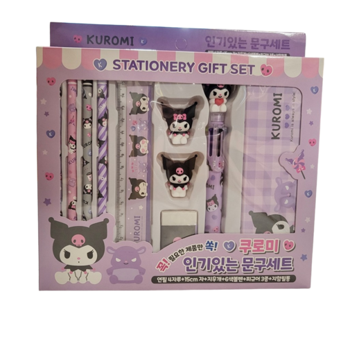 산리오 문구세트 연필+자+지우개+볼펜+피규어+필통, 쿠로미/퍼플, 1개