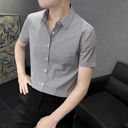 여름 남성 체크 패턴 주름 방지 슬림핏 데일리 클래식 반팔 칼라 셔츠
