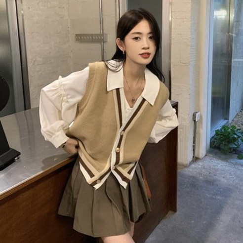 KORELAN 조추신상품여튀김거리항풍레트로아카데미베스트셔츠세트긴팔삼종세트녀