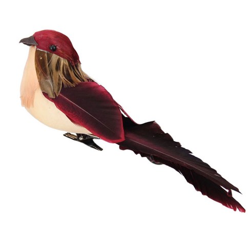클립 정원 나뭇가지 장식이 있는 인공 깃털 새 모델, 와인 레드, 19x4.5x7.5cm, 거품
