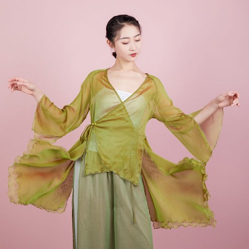 Sorfil 클래식 댄스복 몸매 댄스복 샤이닝 여성복 하늘하늘 댄스 연습복 루즈핏 트임 블라우스, 초록 저고리, 평균