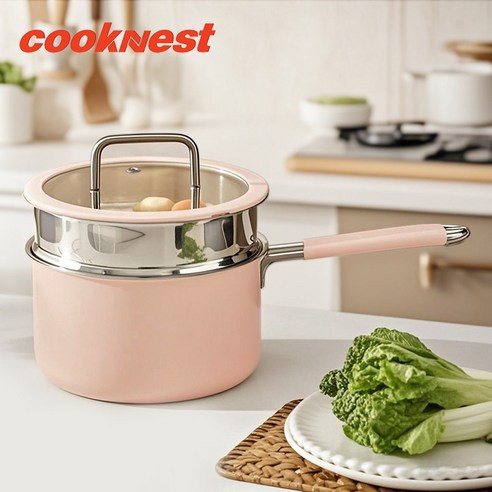 CookNest 인덕션 316스텐 이유식 편수냄비 찜기 냄비, 1개, 핑크, 16cm