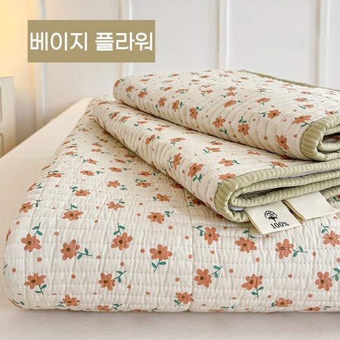 Cozy Aura 순면 60수 사계절 알러지케어 침대패드 양면 이불 패드 스프레드, 베이지 플라워