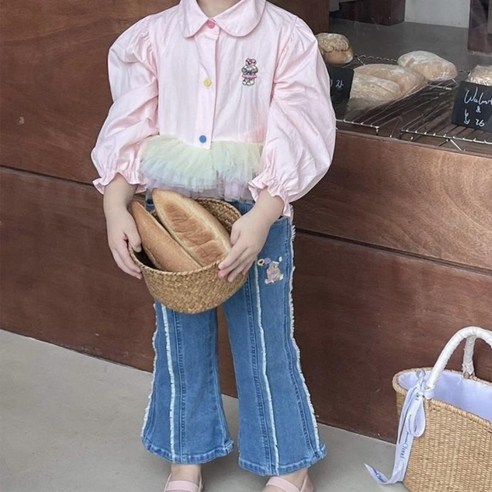 디벨라 퍼프 소매 카라셔츠+수술 청바지 여아 투피스 상하세트, 130