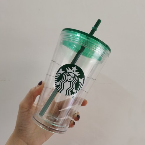 이중 콜드컵 투명 로고 시피 컵, 473ml, 녹색 덮개