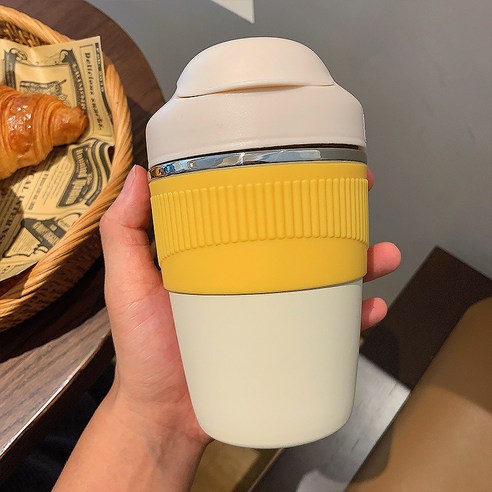 더블 음료 진공 찻잔 여성 물 컵 짚 우유 차 컵 휴대용 그물 레드 귀여운 커피 컵 새로운 트렌드 컵, 노란색, 480ml