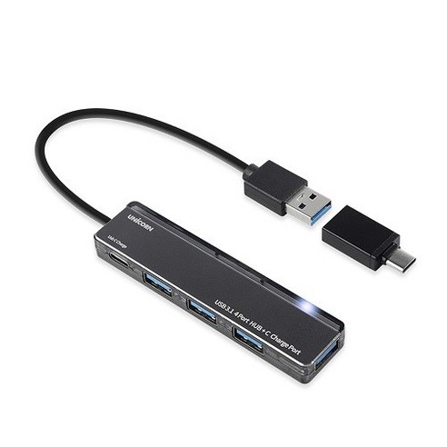 유니콘 4포트 USB3.1허브 A+C타입 C타입 충전가능 상태 LED 충전포트 RH-400AC, 그레이, 1개