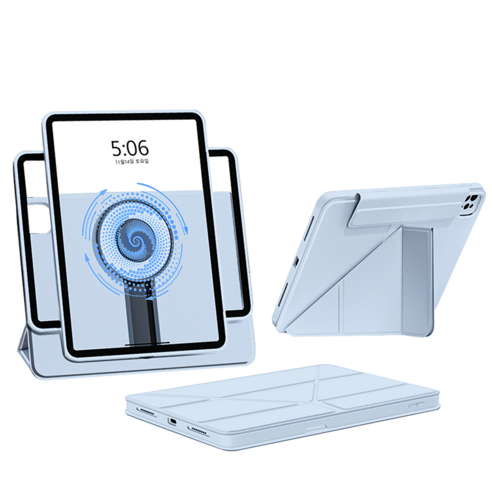 오콘토 아이패드 애플펜슬 수납 슬라이딩 360도 회전 분리형 마그네틱 폴리오 태블릿 PC 케이스, 블루