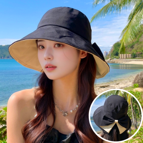 여름 햇살 아래, 우아함과 실용성을 겸비한 스타일: 버튼머쉬룸 리본 와이드 버킷햇 바캉스모자