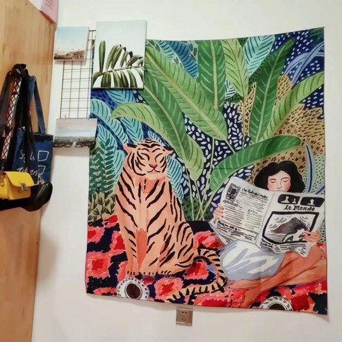 DIRUN 배경 패브릭 침실 배경 벽 벽걸이 벽걸이 ins 배경포 북유럽풍 침실 방 기숙사 침대 머리 장식망 빨간 사진 벽보 틱톡, 신문을 읽는 소녀