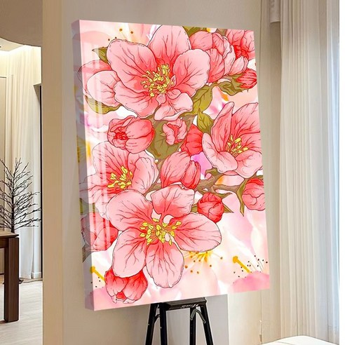 votgl 보석십자수 캔버스형 DIY 액자형 풍경 인물 꽃식물50x40cm, 013복숭아꽃, 1개