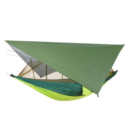 그물 UV 보호 방수포가있는 내구성 캠핑 해먹 2 인용 교수형 침대, 녹색, 나일론