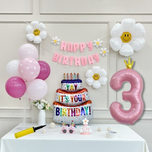 연지마켓 생일 파티 케이크 데이지 왕관 숫자 풍선 가랜드 세트, 1세트, 케이크 핑크B 3