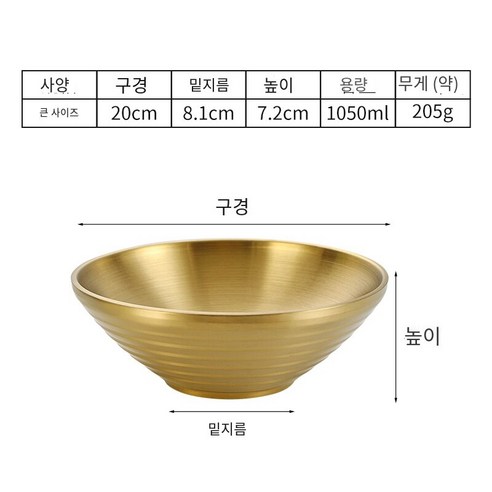304 스테인레스 스틸 냉면 그릇 혼합 쌀 수프 그릇 샐러드 그릇 인스턴트 국수 황금 그릇 밥 그릇 혼합 국수 두라 그릇, 20cm 두카 그릇 (304 금) 1050ml