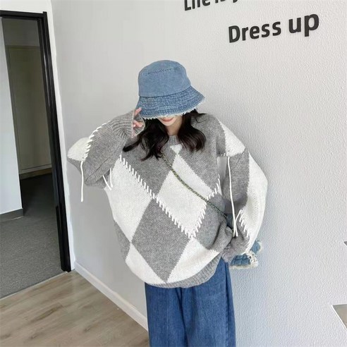 KORELAN 복고풍 마름모꼴 라운드 네크라인 긴팔 스웨터