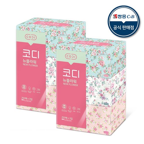 코디 뉴플라워 천연펄프 미용티슈 250매, 250개입, 6개