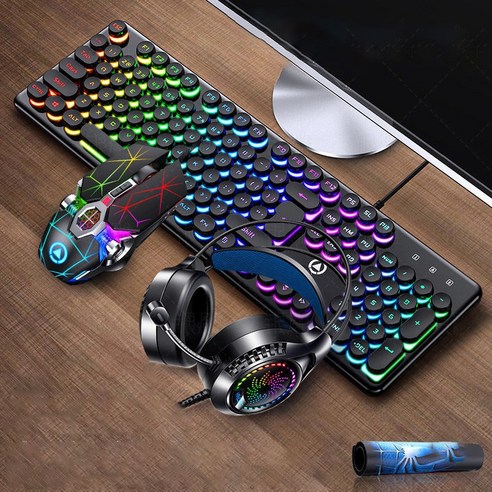 Knightt V2 기계식 터치 게임 키보드+무음 마우스 세트 다양한 백라이트, 블랙 키보드 + 마우스 + 이어폰