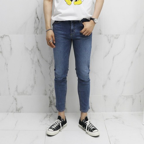 아도르클래식 히든 밴딩 데일리 슬림 일자 스판 9부 청바지
