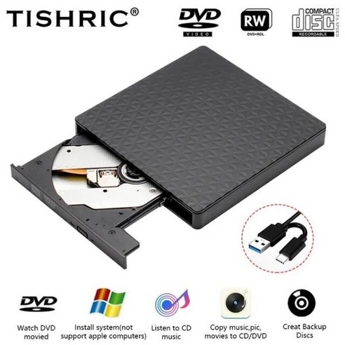 외장CD롬 TISHRIC 외장형 광학 드라이브 데스크탑 노트북용 DVD-RW USB 3.0 C타입 CD ROM 디스크 리더기 DVD, [01] Black, 01 Black