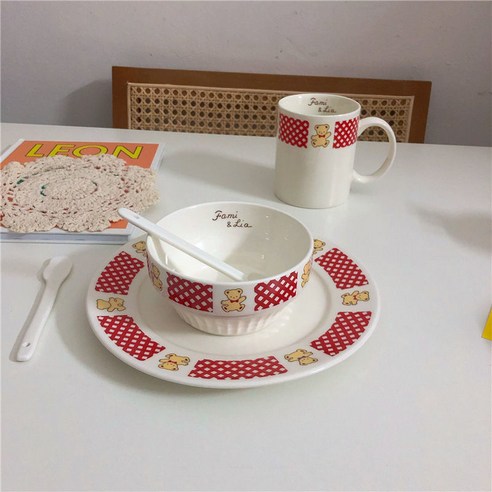 【커피잔】크리 에이 티브 식기 붉은 격자 무늬 곰 컵 플레이트 그릇 머그잔 세트, 옵션1